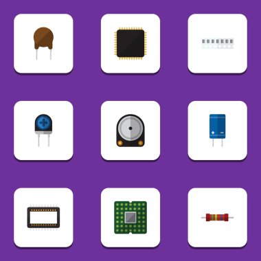 Transistör, birim, dönüştürücü ve diğer vektör nesnelerini düz simge cihaz seti. Ayrıca küme, Hdd, mikroişlemci öğeleri içerir.