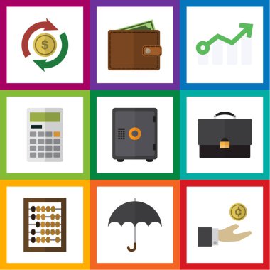 Düz simgesi gelen cüzdanınızdan, kasa, büyüme ve diğer vektör nesneleri kümesi. Ayrıca ok, Counter, içerir plaj öğeleri.