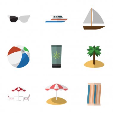 Düz simgesi yaz yat, tekne, gözlük ve diğer vektör nesneleri ayarlayın. Ayrıca güneş gözlüğü, ada, gözlük öğeleri içerir.