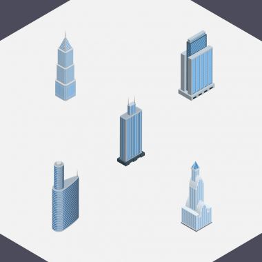 İzometrik gökdelen dış, Bina, kentsel ve diğer vektör nesneleri kümesi. Ayrıca konut, iş, yapı elemanları içerir.