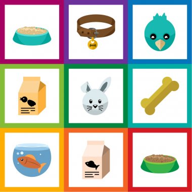 Düz simgesi hayvan beslenme kutusu, besleme, tavşan yemek ve diğer vektör nesneleri kümesi. Aynı zamanda su, akvaryum, kuş unsurları içerir.