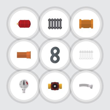 Düz simgesi sıhhi tesisat döküm, konteyner, kalorifer ve diğer vektör nesnelerini ayarlayın. Ayrıca Vana, musluk, su unsurları içerir.