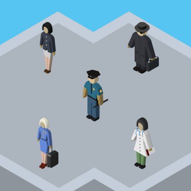 İzometrik kişi kız, memur, dedektif ve diğer vektör nesneleri kümesi. Hostes, polis, polis öğeleri de içerir.