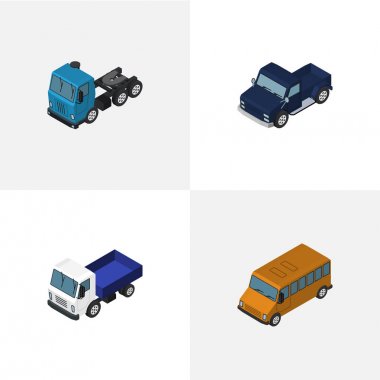 İzometrik araba kamyon, kamyon, Autobus ve diğer vektör nesneleri kümesi. Ayrıca taşıma, Motor, araba öğeleri içerir.