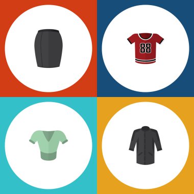 Düz simgesi elbise kümesi Casual, üniforma, T-Shirt ve diğer vektör nesneleri. Ayrıca bluz, kadın giyim öğeleri içerir.