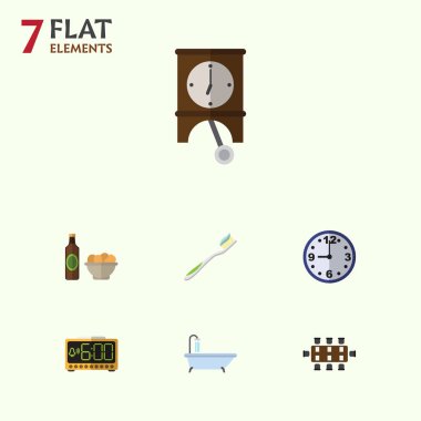 Düz simgesi Oneday bira cips, izle, küvet ve diğer vektör nesneleri kümesi. Ayrıca cips, Alarm, duş unsurları içerir.