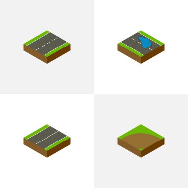 İzometrik yolu ayarla kum, Plash, Driveway vektör nesneleri. Ayrıca tek, sende, uçak unsurları içerir.