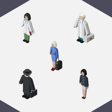 Doktor, Dedektif, hostes ve diğer vektör nesneleri izometrik insan kümesi. Dedektif, Ajan, kız öğeleri de içerir.