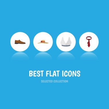 Düz simgesi giyim erkek Footware, şık şapkalar, Brasserie ve diğer vektör nesneleri ayarlayın. Ayrıca kravat, kravat, kadın öğeleri içerir.