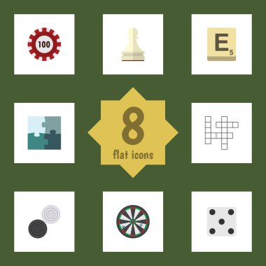 Sanırım, ok, Tavla ve diğer vektör nesnelerini düz simge oyun seti. Ayrıca öğeleri kumar ok, zar, içerir.