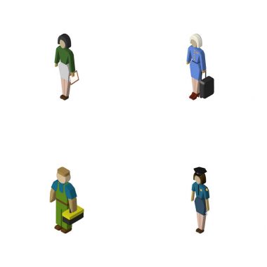 Kadın polis, hostes, tesisatçı ve diğer vektör nesneleri izometrik insan kümesi. Ayrıca pedagog, Bayan, memur unsurları içerir.