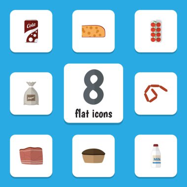 Düz simgesi gıda, gazlı içecek, sosis, domates ve diğer vektör nesneleri ayarlayın. Ayrıca Tart, Kahvaltı, gazlı öğeleri içerir.