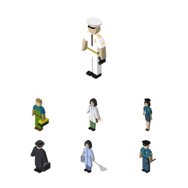 İzometrik kişi hizmetçi, Doktor, memur ve diğer vektör nesneleri kümesi. Ayrıca polis, denizci, memur unsurları içerir.