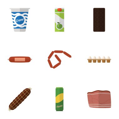 Düz simgesi yemek konfeksiyon, Bratwurst, paket içecek ve diğer vektör nesneleri kümesi. Aynı zamanda Bar, Bratwurst, içerir yumurta öğeleri.