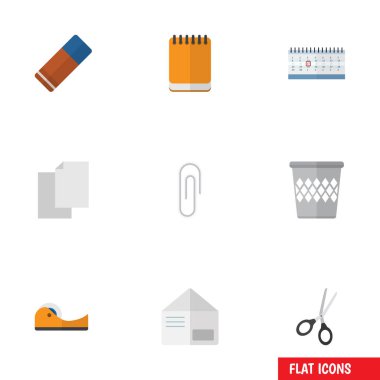 Düz simgesi ekipman çarşaf, çöp tenekesi, kauçuk ve diğer vektör nesnelerini ayarlayın. Ayrıca depo gözü, klip, kanal unsurları içerir.