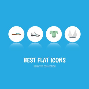 Düz simgesi giysileri plaj sandalet, Brasserie, spor ayakkabı vektör nesneleri kümesi. Ayrıca içerir spor, Flip, giyim öğeleri.