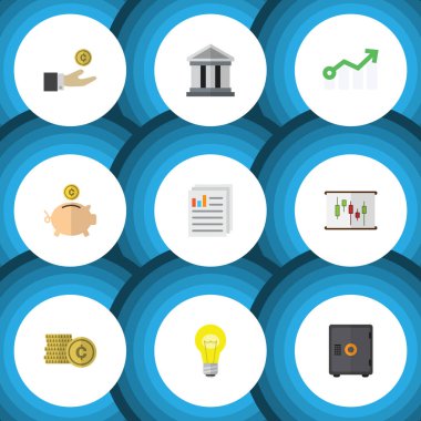 Belge, para, banka ve diğer vektör nesnelerini düz simge kazanç seti. Ayrıca banka, kasa, mimari öğeler içerir.