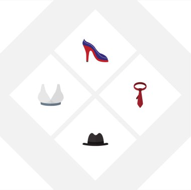 Panama, topuklu ayakkabı, Brasserie ve diğer vektör nesnelerini düz simge kıyafet seti. Ayrıca kravat, Panama, spor öğeleri içerir.