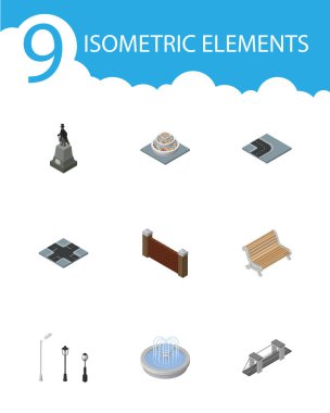 İzometrik şehir bariyer, sokak fenerler, koltuk ve diğer vektör nesneleri kümesi. Ayrıca heykel, tuğla, anıt öğeleri içerir.