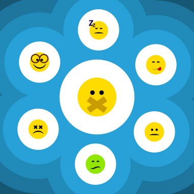 Düz simgesi yüz kümesi uyuyor, kaşlarını, sus ve diğer vektör nesneleri. Ayrıca gözlük, uyku, lezzetli öğeleri içerir.