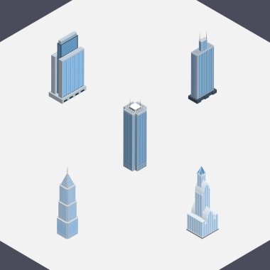 İzometrik gökdelen gökdelen, kentsel, Cityscape ve diğer vektör nesneleri kümesi. Ayrıca iş, gökdelen, dış unsurları içerir.