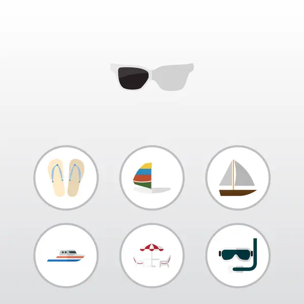 Icono plano de verano conjunto de sandalias de playa, Reclinador, Surf Vector Objetos. También incluye gafas, nadador, elementos de retroceso . — Vector de stock