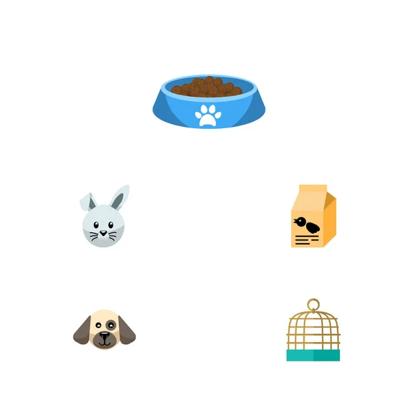 Plochá ikonu domácí sada Box výživy, Bunny, kočka žere a ostatní vektorové objekty. Zahrnuje také misku, Box, klec prvky. — Stockový vektor