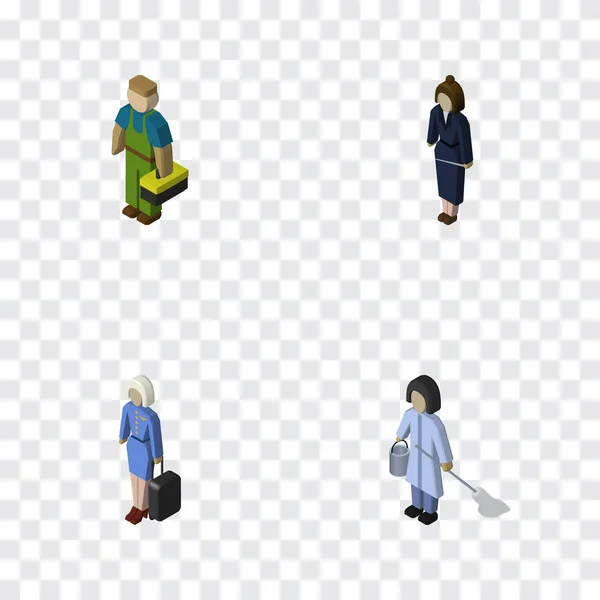 Isometric Person Set Of Plumber, Hostess, Businesswoman And Other Vector Objects. Also Includes Plumber, Housekeeper, Cleaner Elements. — Stock Vector