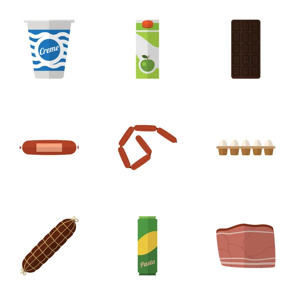 Platte pictogram maaltijd Set confectie, braadworst, Packet drank en andere vectorobjecten. Ook Bar, braadworst, ei elementen. — Stockvector