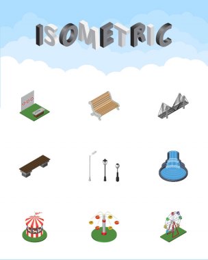 İzometrik mimari Köprüsü, matuf oyunu, sokak fenerler ve diğer vektör nesneleri kümesi. Otoyol, köprü, fenerler öğeleri de içerir.