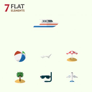 Düz simgesi Sezon dizi uçak, şezlong, tekne ve diğer vektör nesneleri. Ayrıca şezlong, Hindistan cevizi, şemsiye öğeleri içerir.