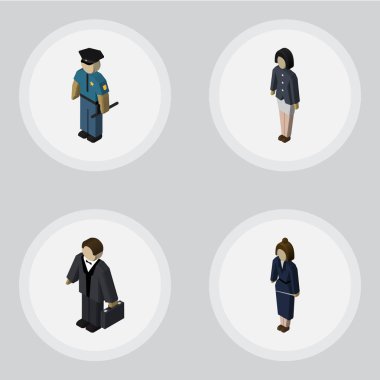 İzometrik kişi yatırımcı, memur, iş kadını ve diğer vektör nesneleri kümesi. İşadamı, yatırımcı, alt öğeleri de içerir.