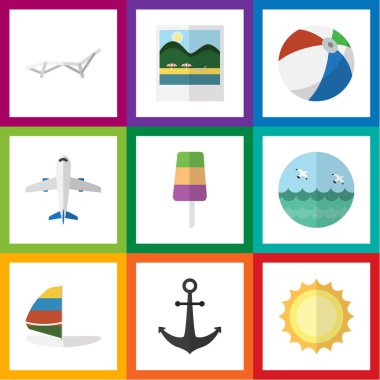 Düz simgesi Beach Sunshine, sörf, okyanus ve diğer vektör nesnelerini ayarlayın. Ayrıca topu, sandalye, Sailboard öğeler içerir.