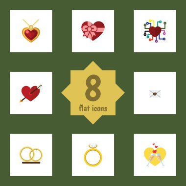 Düz simgesi tutku duygu, kolye, yüzük ve diğer vektör nesnelerini ayarlayın. Ayrıca nişan, kadehlerin, aşk öğeleri içerir.