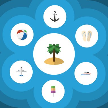 Düz simgesi yaz dizi plaj sandaletleri, tekne, dondurma vektör nesneleri. Ayrıca tekne, Küre, yat öğeleri içerir.