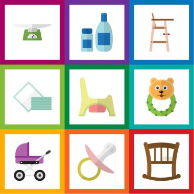 Tuvalet, bebek arabası, Bebek karyolası ve diğer vektör nesnelerini düz simge bebek seti. Ayrıca yatak, karyola, dışkı öğeleri içerir.