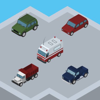 İzometrik taşıma kümesi navlun ilk yardım, Suv ve diğer vektör nesneleri. Ayrıca içerir zırhlı, nakliye, kamyon öğeleri.