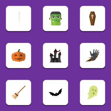 Düz simgesi kutlamak canavar, zombi, kale ve diğer vektör nesneleri kümesi. Ayrıca kemik, ceset, kafatası öğeleri içerir.