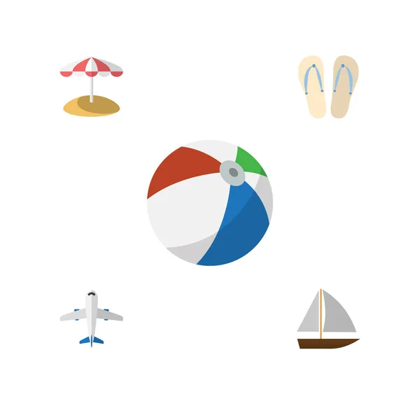 Set de temporada de iconos planos de sandalias de playa, aviones, objetos de vectores parasol. También incluye avión, flop, elementos artesanales . — Vector de stock
