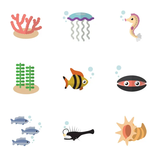 참치, 해 조류, 생선 및 기타 벡터 개체의 평면 아이콘 해양 세트. 또한 Cockleshell, 해 마, 해 조류 요소 포함. — 스톡 벡터