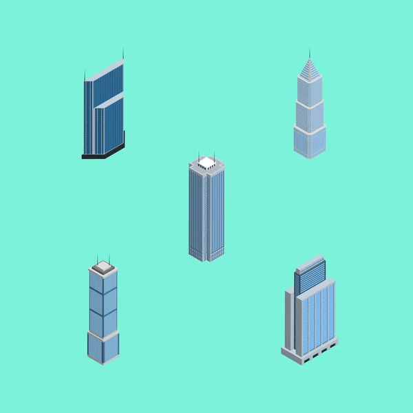 Izometrické stavební sada mrakodrap, byt, bytové a jiné vektorové objekty. Zahrnuje také panoráma, exteriér byt prvky. — Stockový vektor