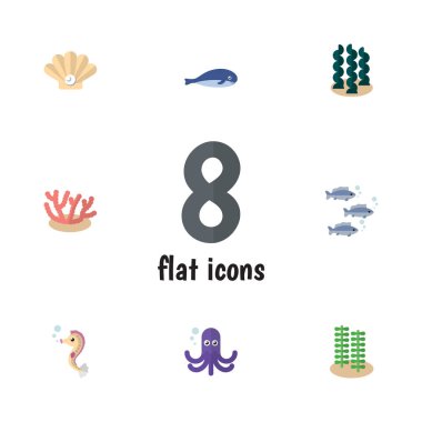 Düz simgesi doğa balina, dokunaç, ton balığı ve diğer vektör nesnelerini ayarlayın. Ayrıca ahtapot, deniz kabuğu, dokunaç öğeleri içerir.