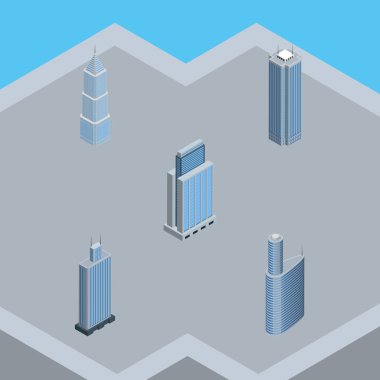 İzometrik binada gökdelen, kentsel, dış ve diğer vektör nesneleri. Ayrıca konut, içerir gökdelen, Merkezi elemanları.