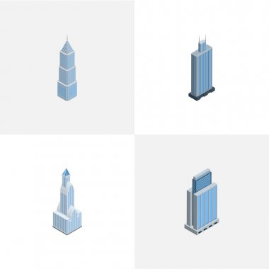 Kentsel kümesi izometrik inşaat, dış, Cityscape ve diğer vektör nesneleri. Ayrıca iş, gökdelen, kule unsurları içerir.
