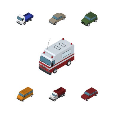 Kamyon, Autobus, araba ve diğer vektör nesneleri izometrik otomobil kümesi. Ayrıca ambulans, Suv, Sedan öğeleri içerir.
