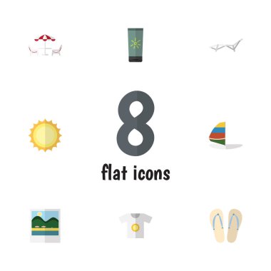 Düz simgesi yaz RECLINER, plaj sandaletleri, sörf vektör nesneleri kümesi. Ayrıca Beach, Flip, Foto öğeleri içerir.