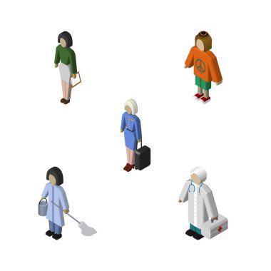 İzometrik kişi hanım, pedagog, doktor ve diğer vektör nesneleri ayarlayın. Ayrıca Cleaner, Bayan, hostes unsurları içerir.