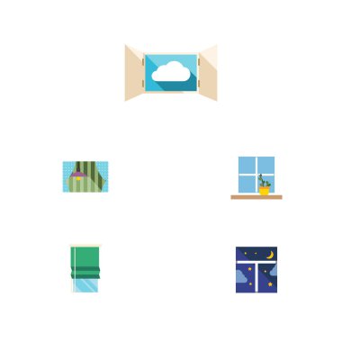 Düz simgesi çerçeve kümesi bulut, perde, balkon ve diğer vektör nesneleri. Ayrıca cam, bulut, gece öğeleri içerir.