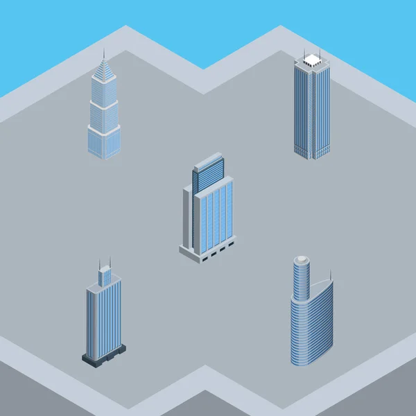 Isometric Building Set Of Skyscraper, Urban, Exterior And Other Vector Objects. Also Includes Residential, Skyscraper, Center Elements. — Stock Vector