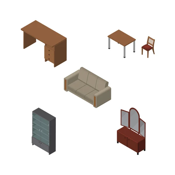 Isometrisk inredning uppsättning bord, stol, låda och andra vektorobjekt. Har även skrivbord, skåp, soffan element. — Stock vektor